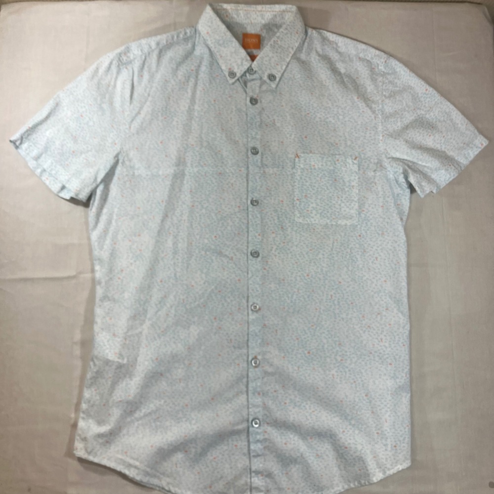 Hugo Boss Orange Slim Fit Short Sleeve Button Down Shirt White Blue Print Mens M